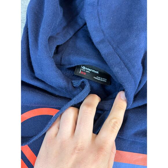 Marmot Sweatshirt Hoodie Mens Medium Blue Graphic Logo Outdoor Streetwear Casual - Picture 3 of 6